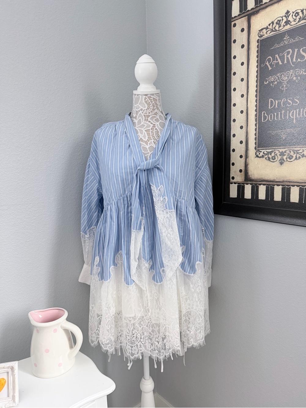 Maeve Blue & White Striped Lace-Trim Dress